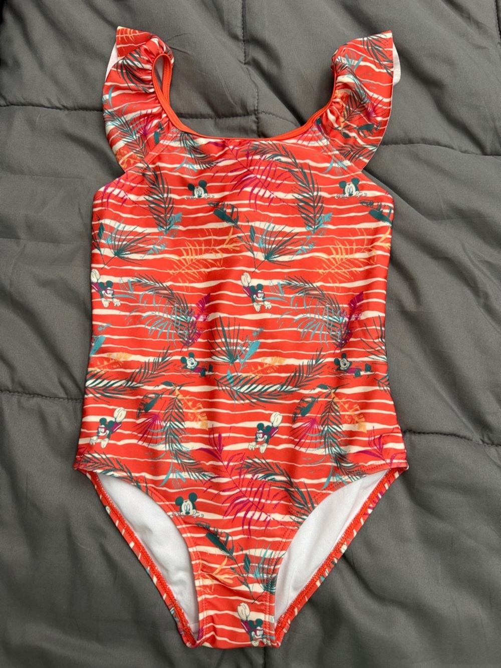 Girls Disney Mickey Red Orange Tropical One-Piece Swimsuit with Ruffle Straps